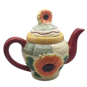 Bella Casa by Ganz Sunflower Quilted Teapot W/ Lid Ceramic Country Cottage